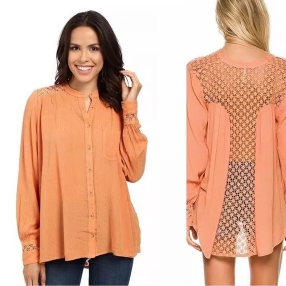 Free People Tops - Free People "The Best" Crochet Button Front Top Size Large Long Sleeves Casual